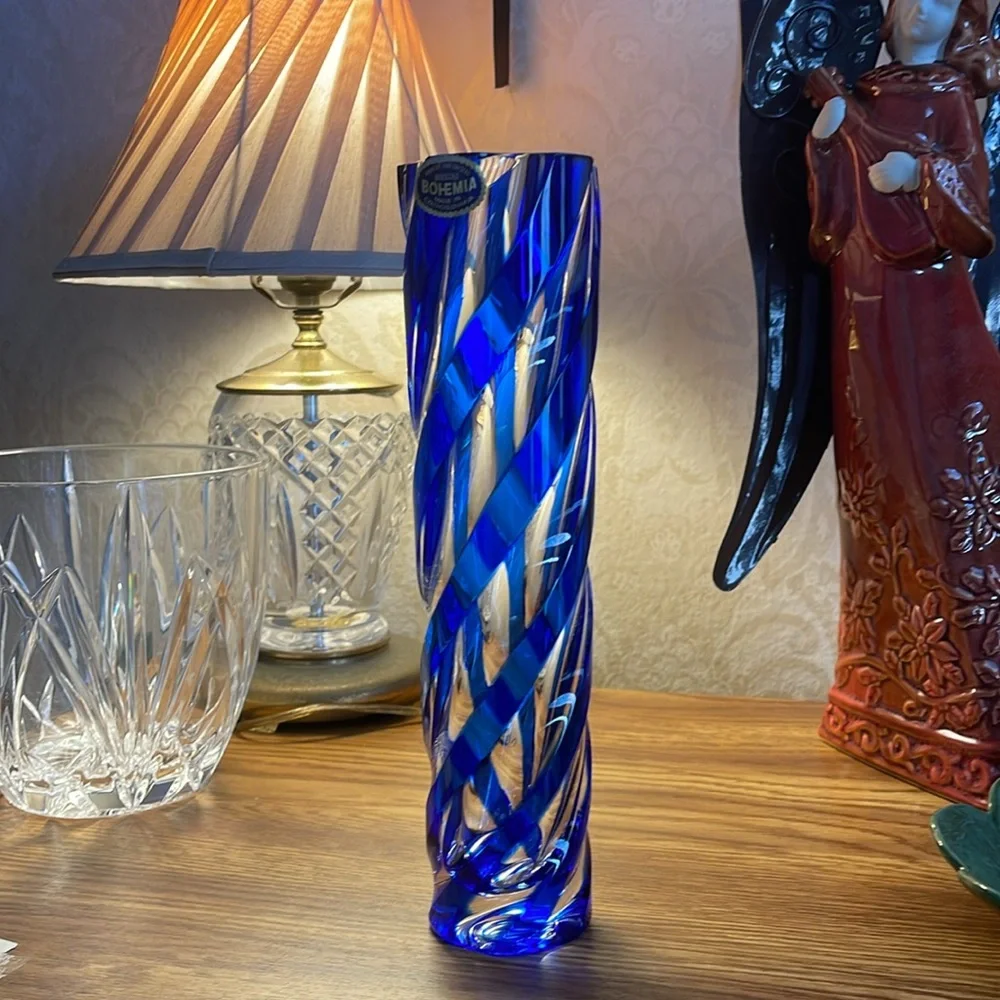 Vintage Bohemia hand cut lead crystal blue swirl vase
